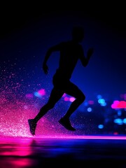 Naklejka premium A runner moves confidently through a lively urban environment illuminated by neon lights. The bright colors and dynamic background create an energetic atmosphere that enhances the motion.