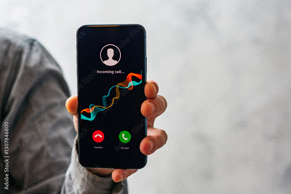 Poster close-up of a hand holding a smartphone with an incoming call screen. display shows incoming call wi