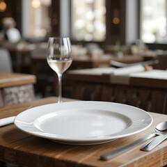 Mockup de plato blanco y elegante en mesa de madera para branding de restaurantes