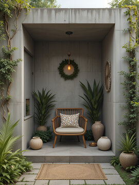 una habitacion exterior con una silla o sillon individual y macetas decorativos lugar para inspiracion o relajaccion sobre un muro de concreto con plantas o follaje decorativo