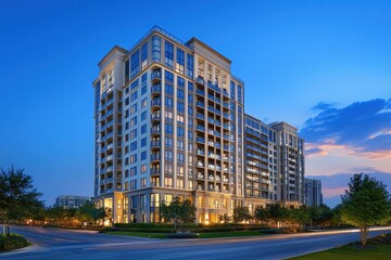 a new apartment building with panoramic windows, featuring beige and blue colors The perspective is from ground level, with a blue sky in the background and evening light Generative AI