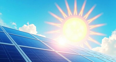 solar panels close up with bright sun in the sky 