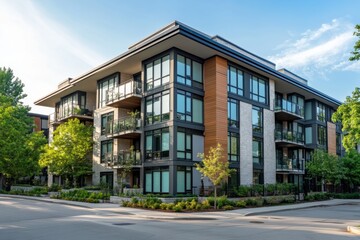 Fototapeta premium A modern apartment building with large windows and balconies, showcasing the city's trendy real estate market Generative AI
