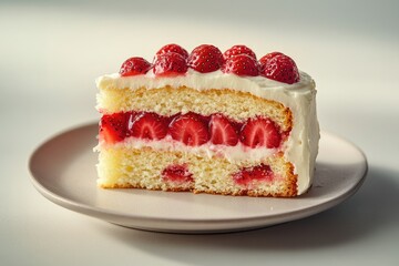 A delectable slice of strawberry shortcake, layered with creamy frosting and juicy strawberries.