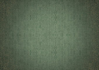 Hand-drawn ornament. Dark green on light warm green background, with vignette of darker background color and splatters of golden glitter. Paper texture. Digital artwork, A4. (pattern: p14b)