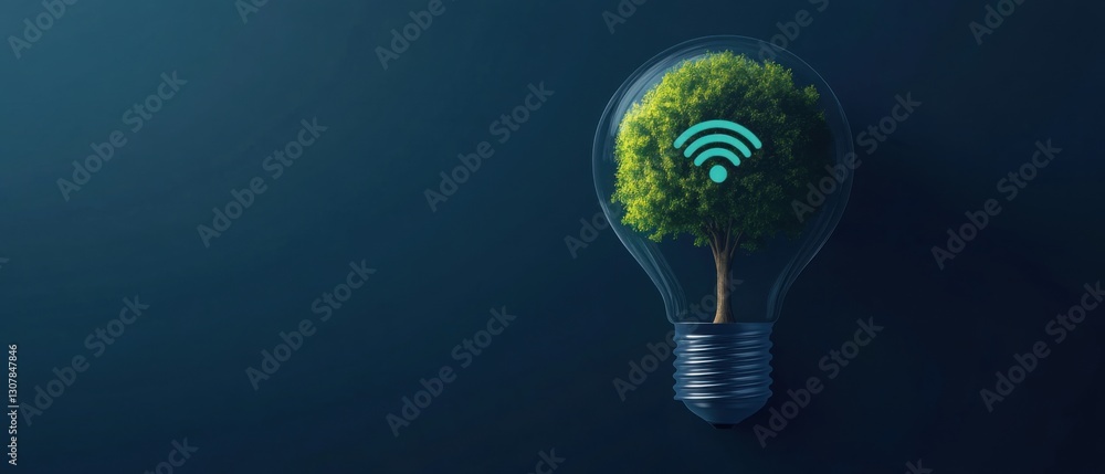 Poster conceptual image of a tree growing inside a light bulb with a wifi symbol, representing green energy
