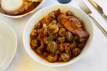 Snails stewed with rabbit meat and sausage, spanish cuisine