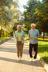 An elderly couple jogging in the park on an autumn day.