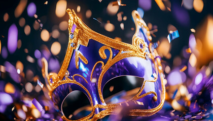 Purple masquerade mask amidst confetti; celebratory event backdrop; ideal for festive invitations