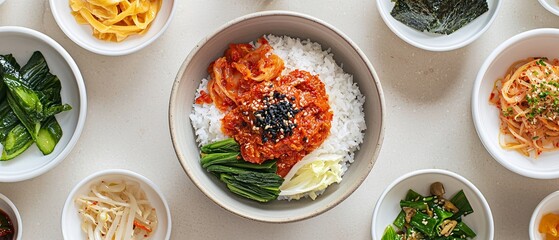 A vibrant collection of korean side dishes surrounding a rice bowl