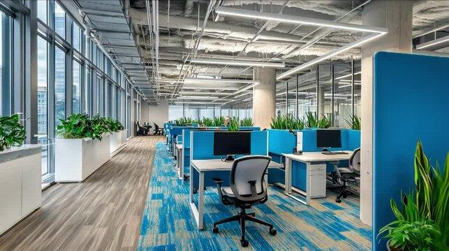 Modern office space with plants and desks.