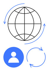 Globe with rotation arrows, user profile icon, circular cycle. Ideal for networking, communication, globalization, user interface, connection information flow business. Flat simple metaphor