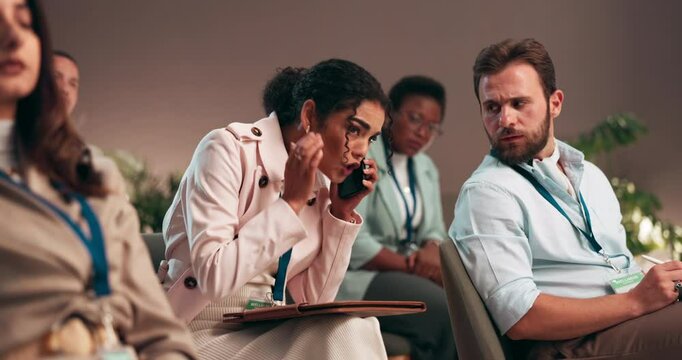 Seminar, business woman and phone call with noise, disruptive or angry audience. Mobile, talk and communication at conference with group distraction, interrupt and embarrassed at corporate workshop