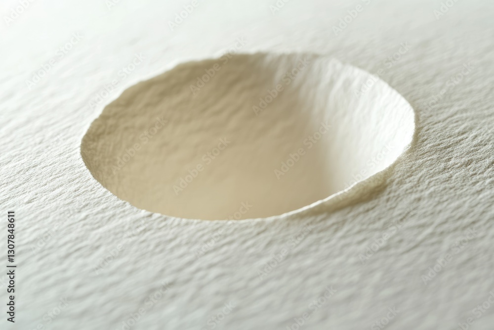 Poster a circular hole meticulously carved into a textured, off-white surface, creating a sense of depth an
