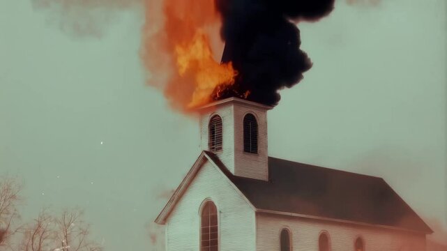 Church on fire with colorful smoke billowing from steeple. Artistic depiction of religious building ablaze. Surreal imagery of burning chapel.