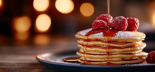 Stacked Pancakes with Syrup and Raspberries