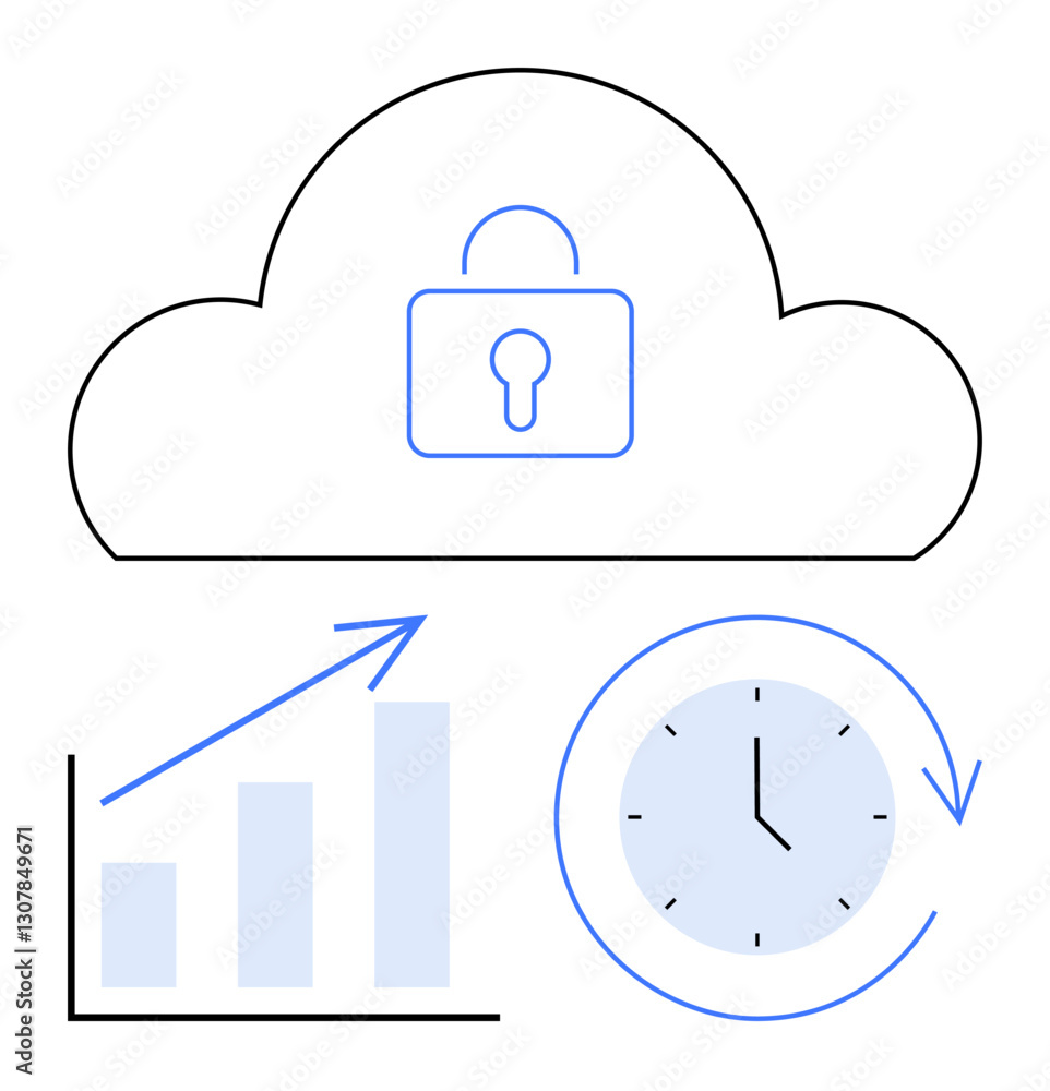 Poster cloud with lock illustrating security, bar chart symbolizing growth, and clock representing time eff