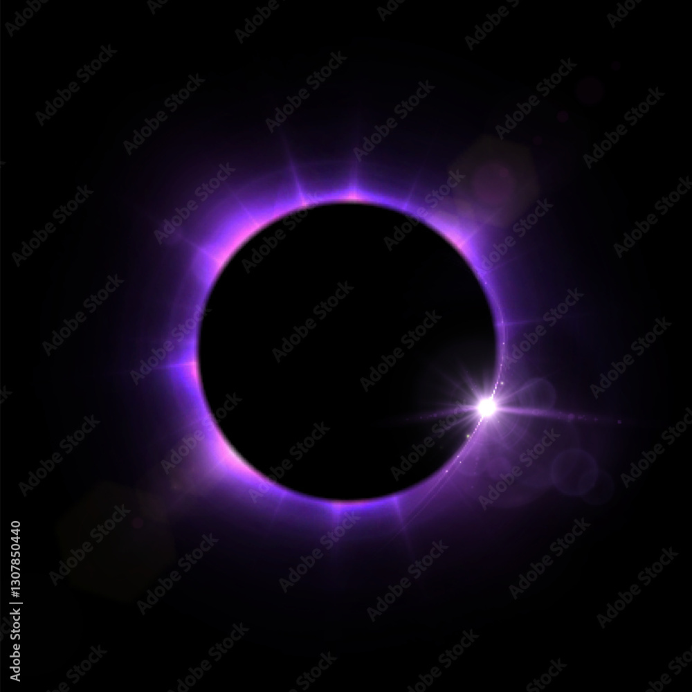 Poster vivid purple glow in circular projection. bright frame ring effect for black background. vector