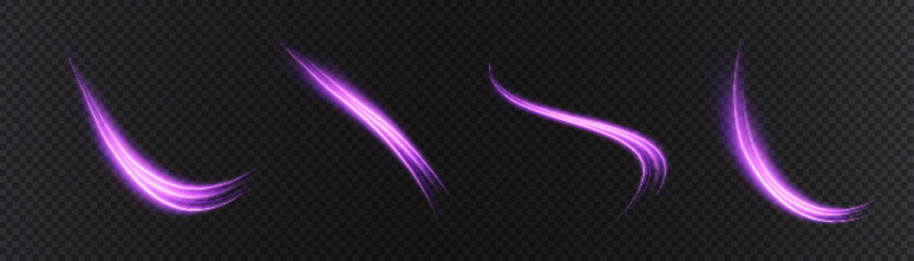 Shiny bright purple glowing curved line with magical light effect. Glow effect for game interface design on black background.	