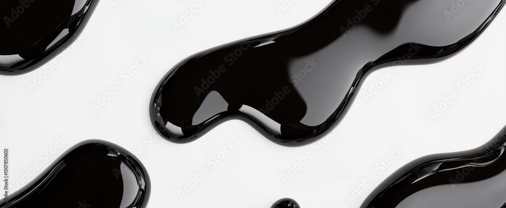 Poster black oil drops create an abstract pattern on a white background showcasing liquid flow and texture