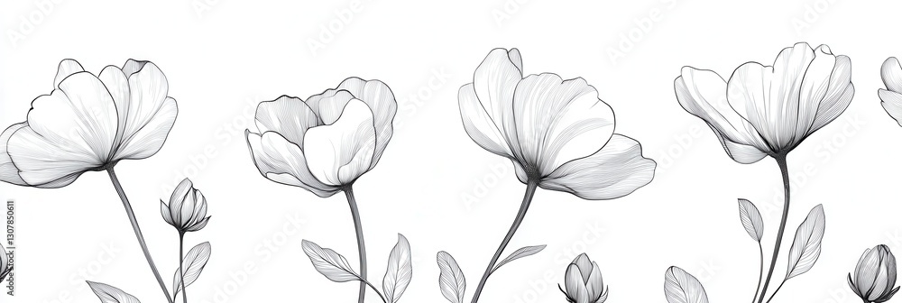 Poster delicate botanical line art showcasing modern floral pattern with minimalist elegance on a white bac