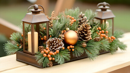 Rustic Winter Centerpiece Lanterns, pine cones, and berries create a warm holiday table decor