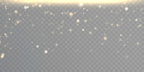 Gold dust light bokeh. Christmas glowing bokeh and glitter overlay texture for your design on a transparent background. Golden particles abstract vector background.	