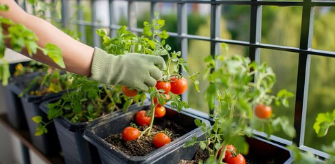 A person wearing a gardening glove picking ripe cherry tomatoes from a balcony garden. Concept of urban gardening, sustainability, and organic food.