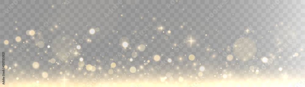 Poster Gold dust light bokeh. Christmas glowing bokeh and glitter overlay texture for your design on a transparent background. Golden particles abstract vector background.	