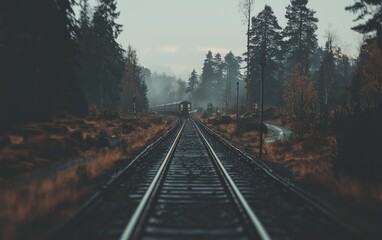 Fototapeta premium Train disappearing into foggy forest.