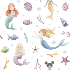 Seamless watercolor Pattern with Mermaids, corals, seashells, and underwater elements. Illustration of ornament for childish fabric or kids bed linen. Art for wrapping paper or baby textile.