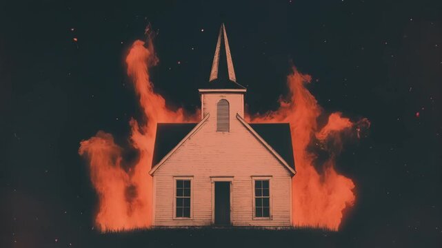 Burning church animation sequence. White chapel engulfed in flames against dark background. Dramatic fire disaster scene. Retro film effect, horror concept.