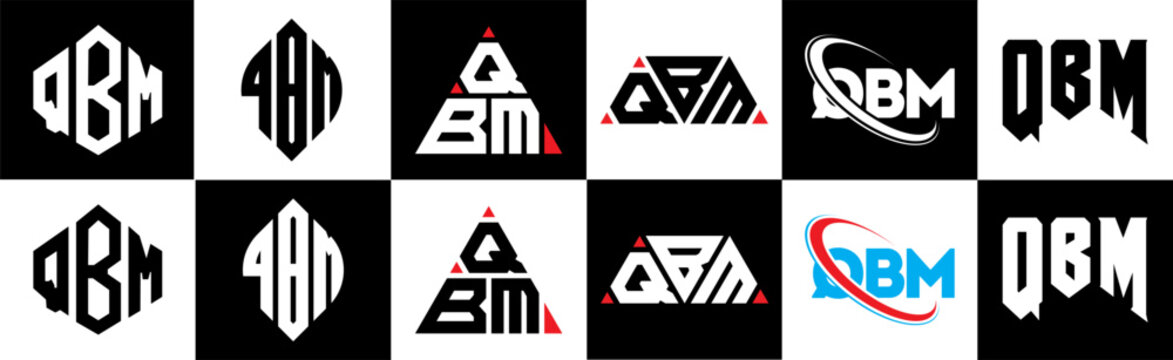 QBM letter logo design in six style. QBM polygon, circle, triangle, hexagon, flat and simple style with black and white color variation letter logo set in one artboard. QBM minimalist and classic logo