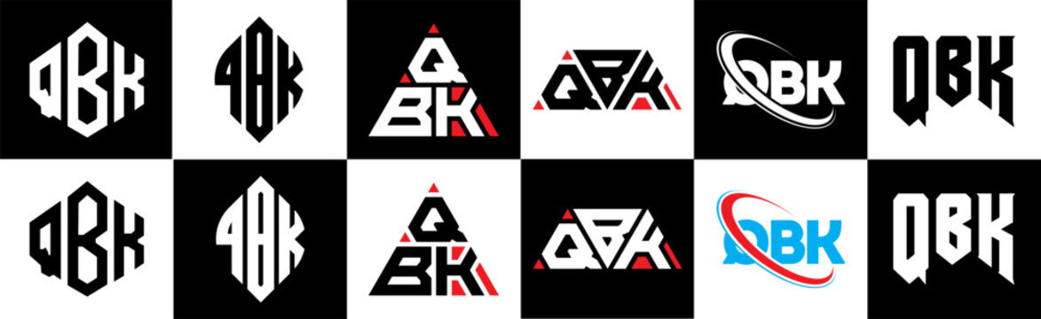 QBK letter logo design in six style. QBK polygon, circle, triangle, hexagon, flat and simple style with black and white color variation letter logo set in one artboard. QBK minimalist and classic logo
