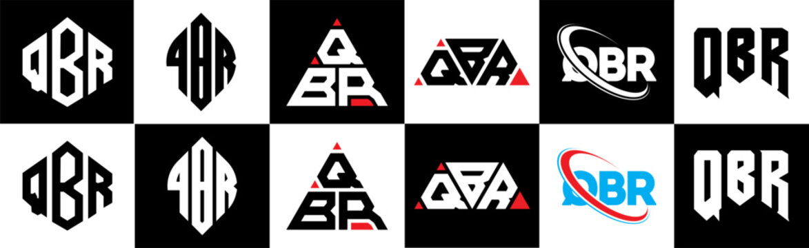 QBR letter logo design in six style. QBR polygon, circle, triangle, hexagon, flat and simple style with black and white color variation letter logo set in one artboard. QBR minimalist and classic logo