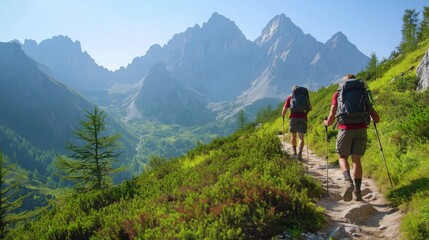 Naklejka premium Abenteuerliche Wanderung in den Bergen. Die Reise foerdert Kraft und Entschlossenheit.