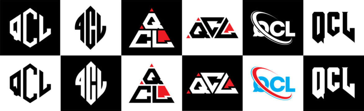 QCL letter logo design in six style. QCL polygon, circle, triangle, hexagon, flat and simple style with black and white color variation letter logo set in one artboard. QCL minimalist and classic logo