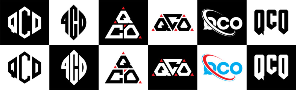 QCO letter logo design in six style. QCO polygon, circle, triangle, hexagon, flat and simple style with black and white color variation letter logo set in one artboard. QCO minimalist and classic logo