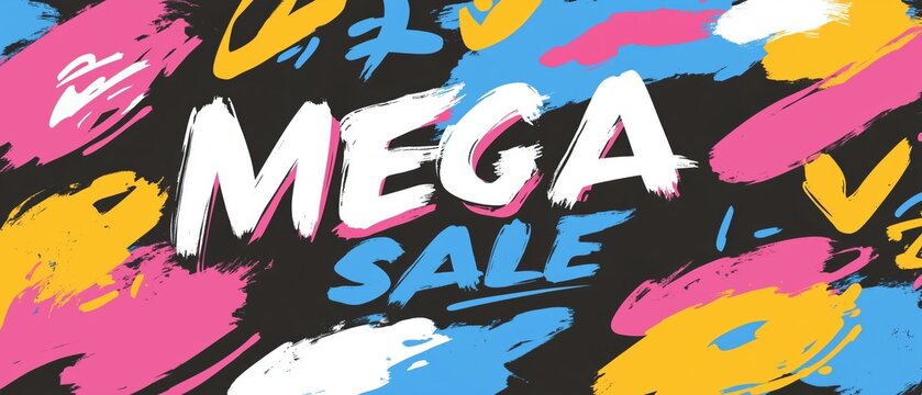 Vivid grunge street graffiti background featuring bold text declaring a mega sale event in colorful brush strokes