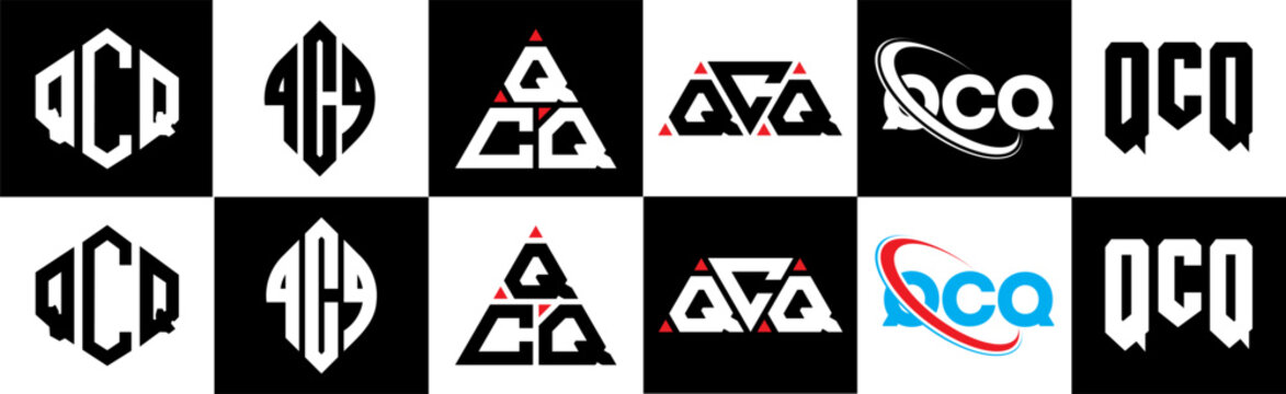QCQ letter logo design in six style. QCQ polygon, circle, triangle, hexagon, flat and simple style with black and white color variation letter logo set in one artboard. QCQ minimalist and classic logo