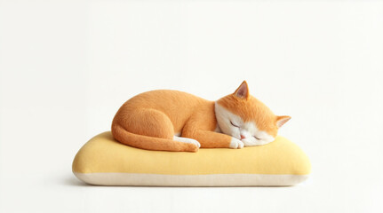 Fototapeta premium a cute, stylized orange and white cat sleeping on a yellow pillow against a plain white background.