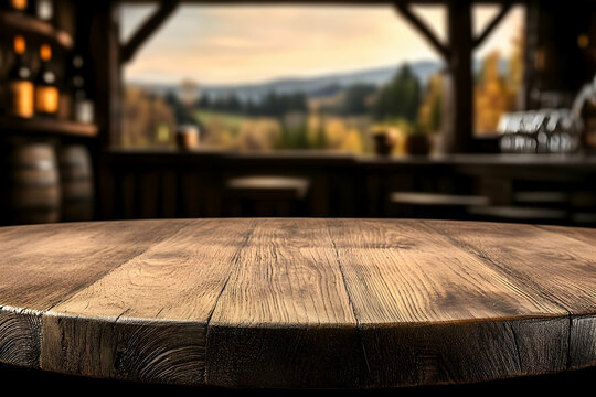Rustic wooden table, autumnal bar backdrop; ideal for product display or menu design