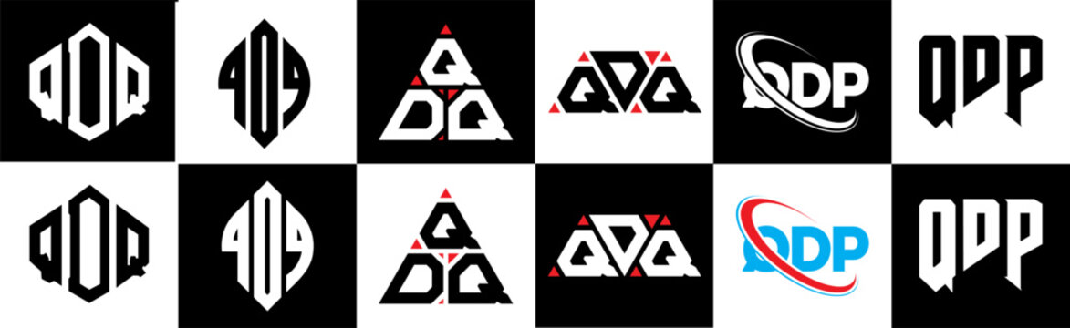 QDP letter logo design in six style. QDP polygon, circle, triangle, hexagon, flat and simple style with black and white color variation letter logo set in one artboard. QDP minimalist and classic logo