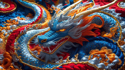 Fototapeta premium Threads of gold and silver intertwine with rich blues and deep reds, creating a stunning visual display. The focal point of the image is a majestic dragon