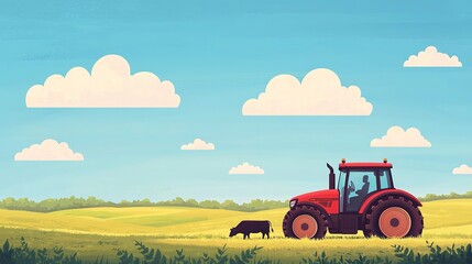 Obraz premium Red tractor plowing field with grazing cow rural landscape digital illustration sunny day serene environment