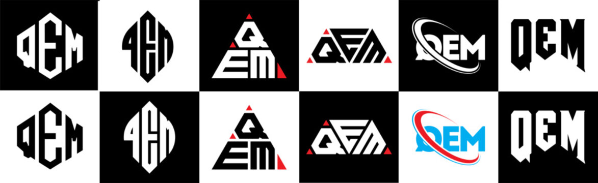 QEM letter logo design in six style. QEM polygon, circle, triangle, hexagon, flat and simple style with black and white color variation letter logo set in one artboard. QEM minimalist and classic logo