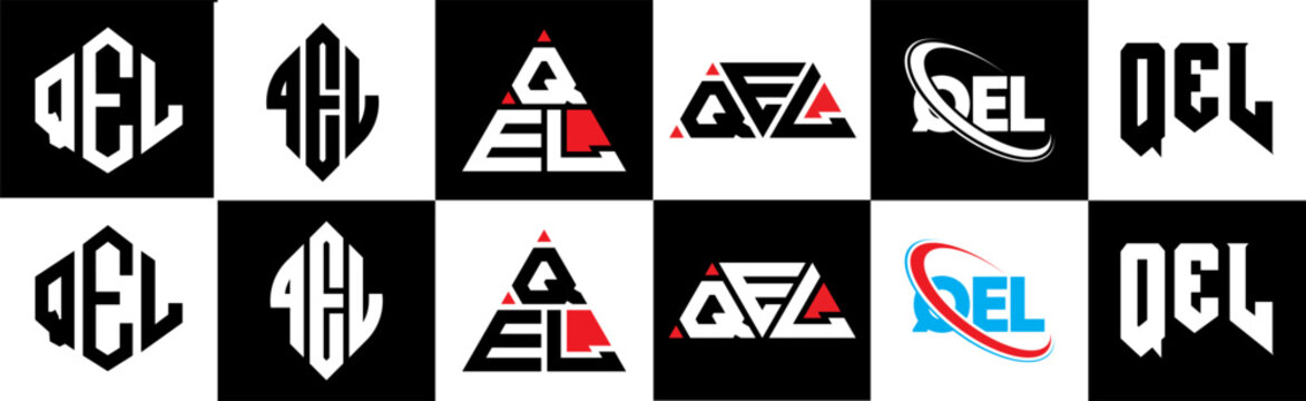 QEL letter logo design in six style. QEL polygon, circle, triangle, hexagon, flat and simple style with black and white color variation letter logo set in one artboard. QEL minimalist and classic logo