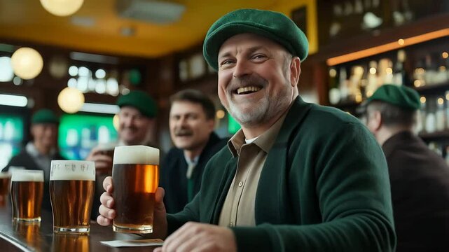 St Patrick's Day Celebration: Cheerful man in pub toasts with beer surrounded by friends on festive occasion