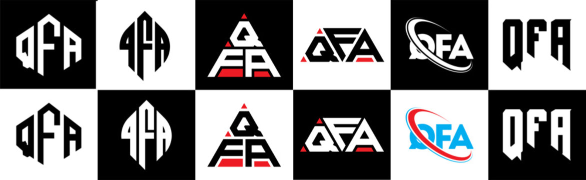 QFA letter logo design in six style. QFA polygon, circle, triangle, hexagon, flat and simple style with black and white color variation letter logo set in one artboard. QFA minimalist and classic logo