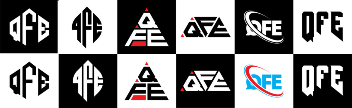 QFE letter logo design in six style. QFE polygon, circle, triangle, hexagon, flat and simple style with black and white color variation letter logo set in one artboard. QFE minimalist and classic logo